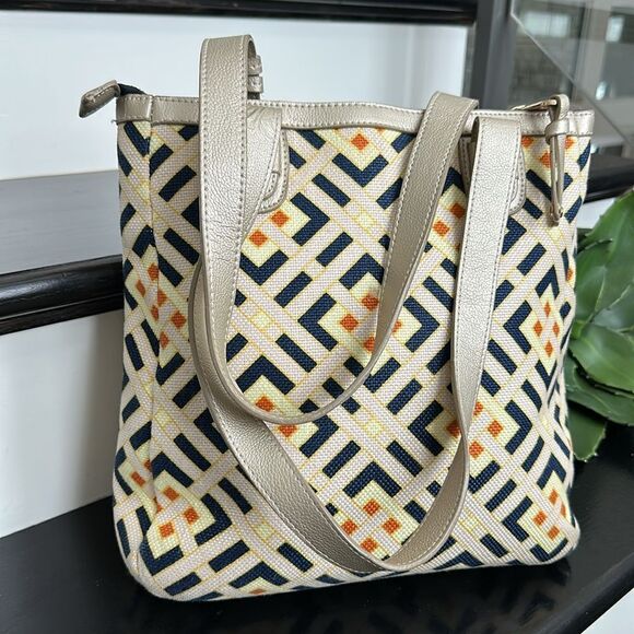 Spartina 449 genuine leather linen handbag tote shoulder purse, like new - Picture 6 of 11